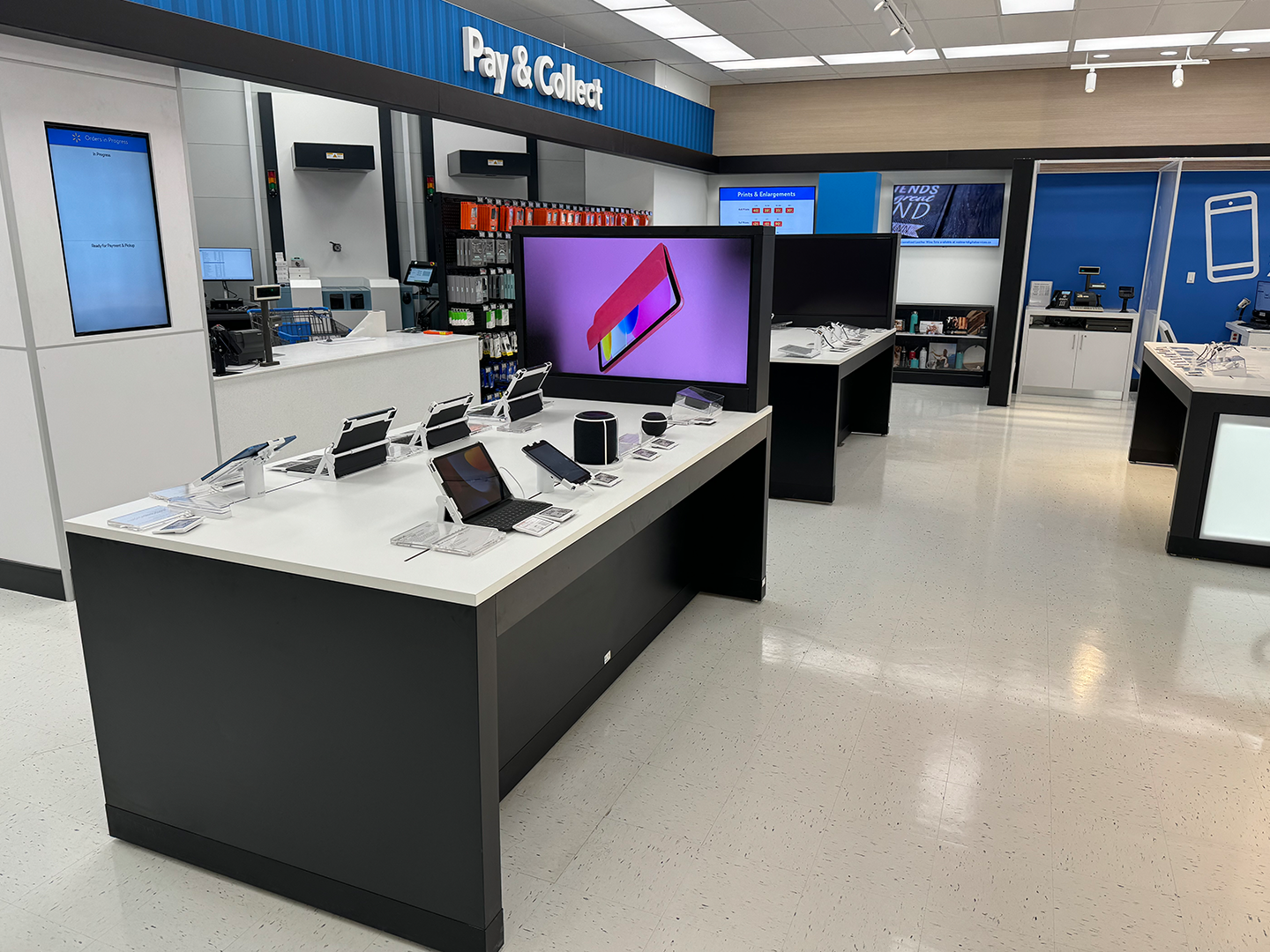 Side view of the custom electronic displays at Walmart, highlighting product arrangement