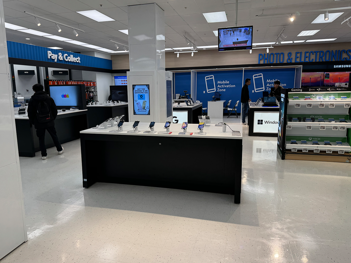 Front view of the custom electronic department displays at Walmart